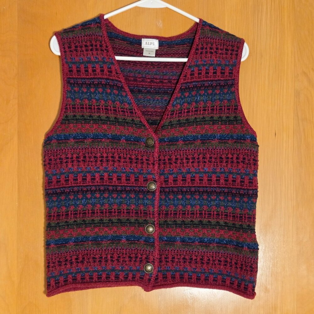 Vtg Alps Knit Button Up Vest Size S/M Burgundy Red Nordic Fair Isle Granny NWOT